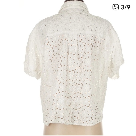 Sezane Laurineta Shirt White Eyelet Short Sleeve Button Down Size 4 - Picture 3 of 4